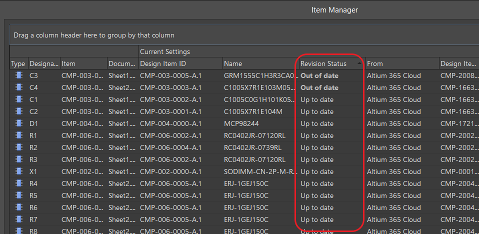 Item Manager. Components status.