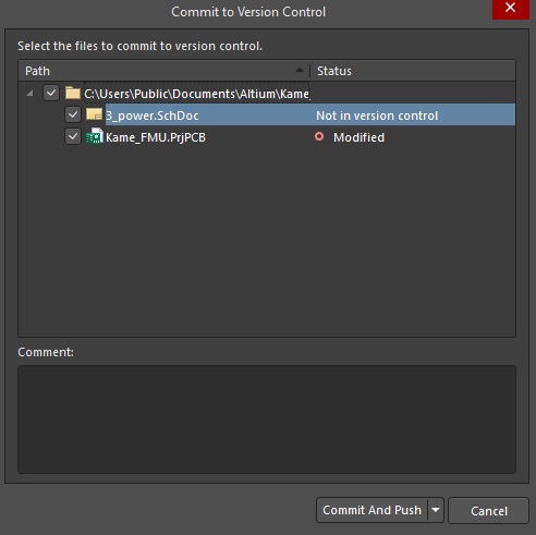 Commit to Version Control dialog with 3_power.SchDoc enabled