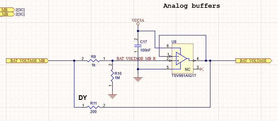 All ports for BAT_VOLTAGE amplifier are placed and ready for interaction as part of the sheet symbol of the schematic document.