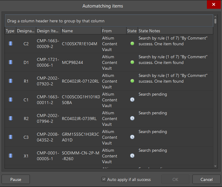 The Automatching items dialog