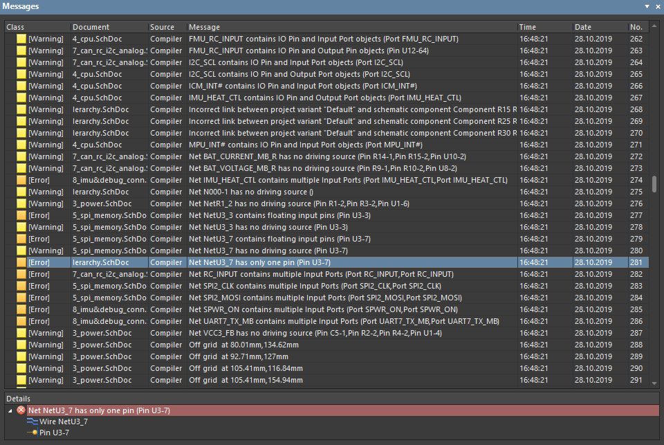 Messages panel with warning and error list