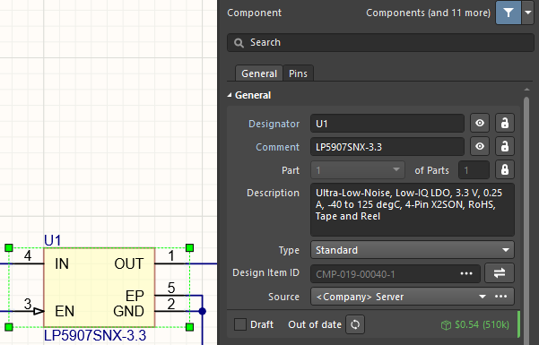 Current component status is shown in the Properties panel at the bottom of the General section. This component is outdated and needs to be updated.