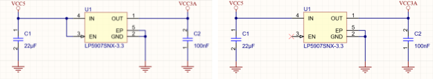 Two ways to solve an error with an unconnected pin. On the left, the left net has been restored. On the right, the right net should not be connected and it is excluded from the design rules check by placing aNo ERC directive.