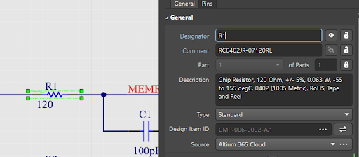 General region of the Properties panel in Component mode