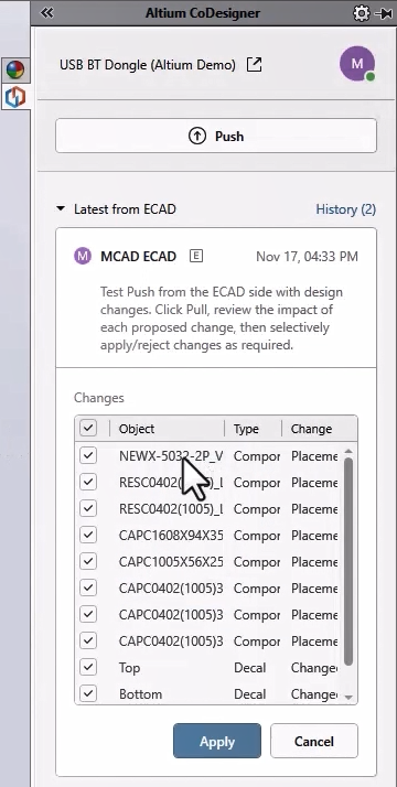 Fig. 14 - Top of MCAD CoDesigner panel in SOLIDWORKS