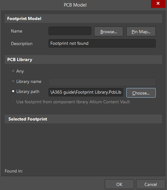 The PCB Library file is selected for footprint mapping