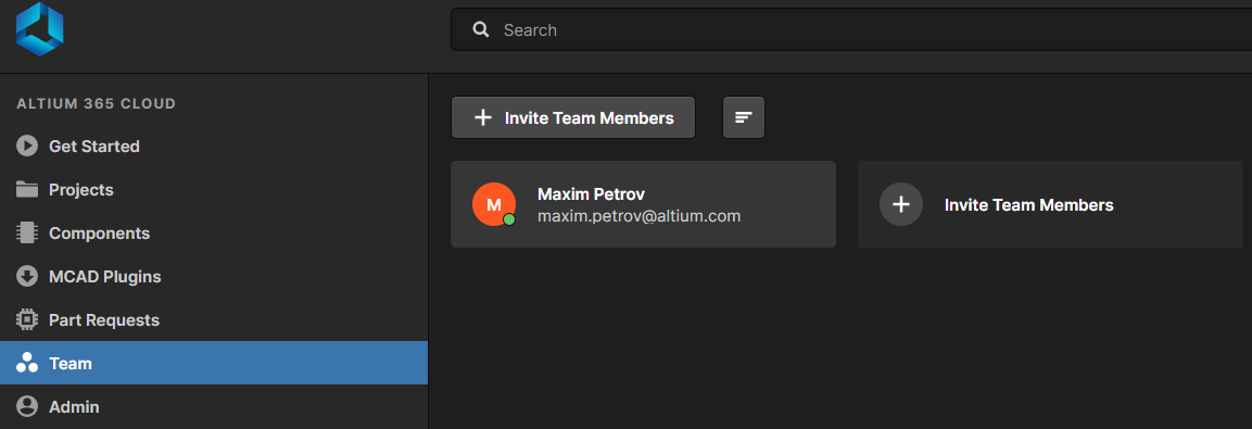 Team member management window in web panel