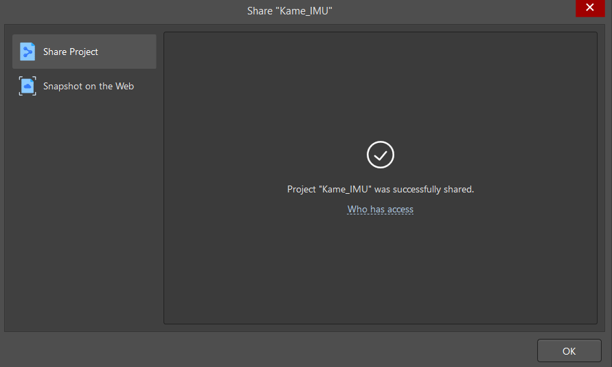 Notification, that the project was successfully shared with the listed users