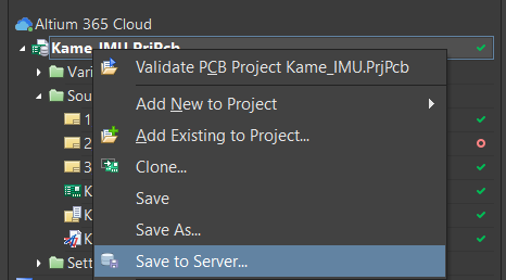Starting the process of saving files to the cloud by running Save to Server option in project context menu