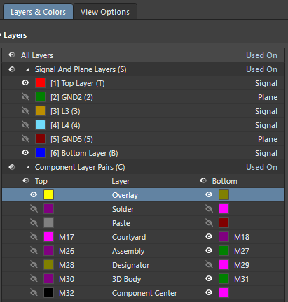 Layer visibility configuration for Bottom layer placement. 