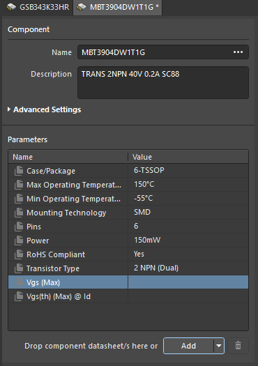 Defined parameters for MBT3904DW1T1G component