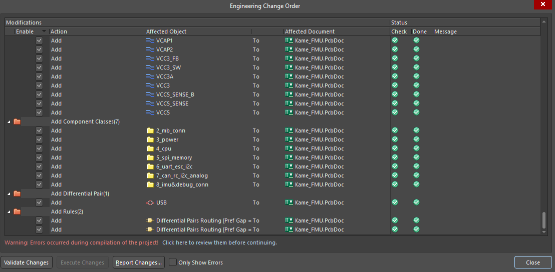 Successful synchronization - all elements have a “pass” icon in the corresponding column of the ECO dialog