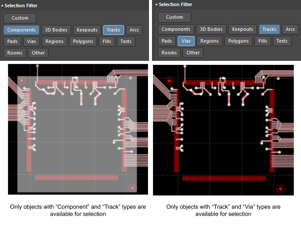 Examples of the Selection Filter with different selected object types