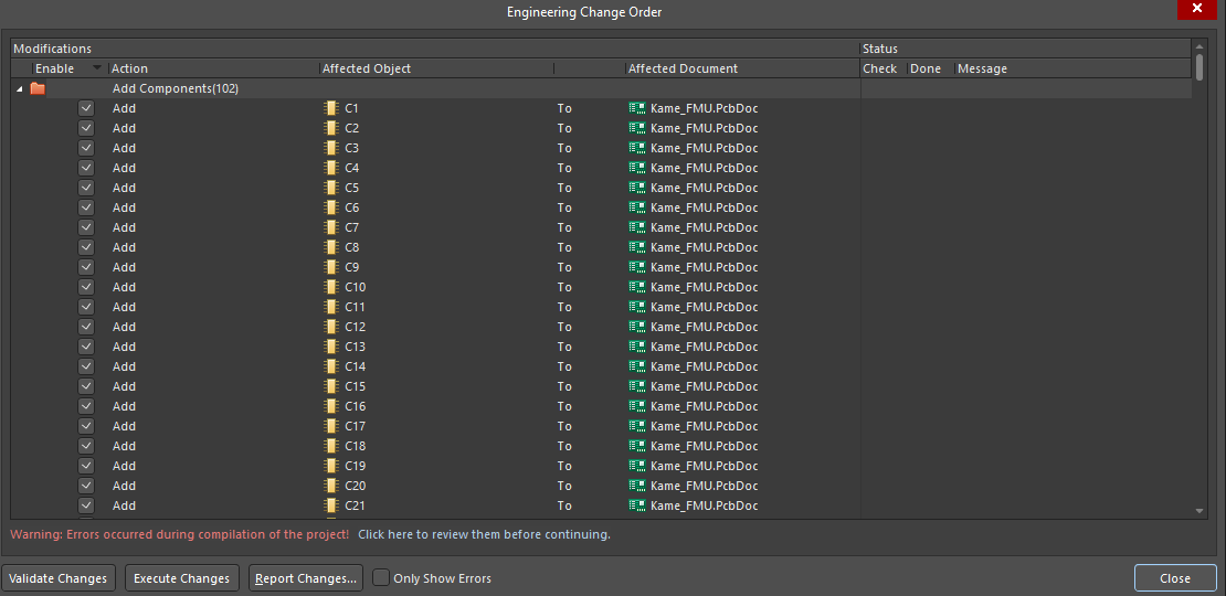 Engineering Change Order dialog