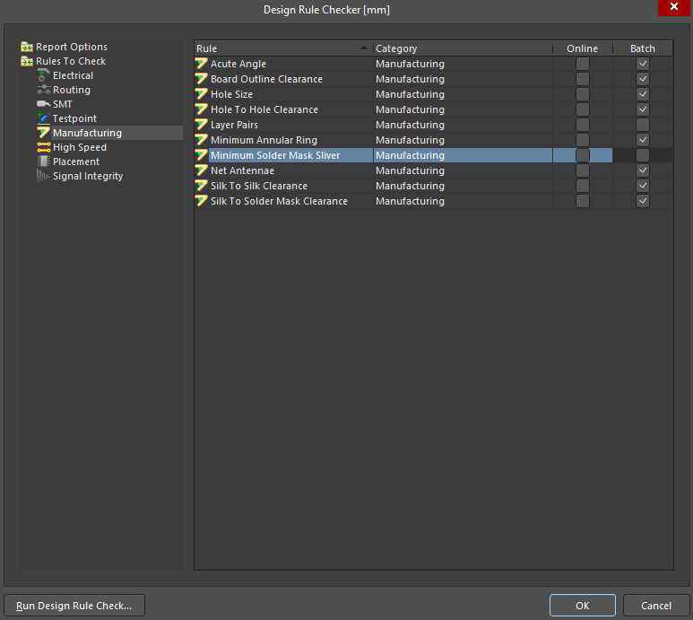 The Minimum Solder Mask Sliver rule is excluded from the DRC check