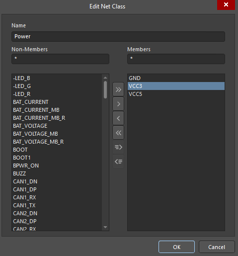 “Power” net class configuration