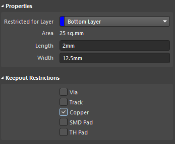 Keepout configuration in the Properties panel