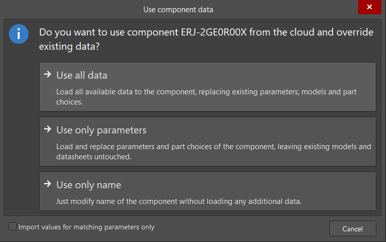 The Use Component Data Dialog
