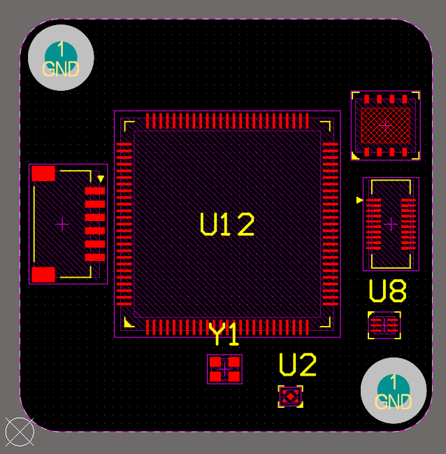 U2. U8 and Y1 are placed. Part of the designators for previously placed components are hidden.