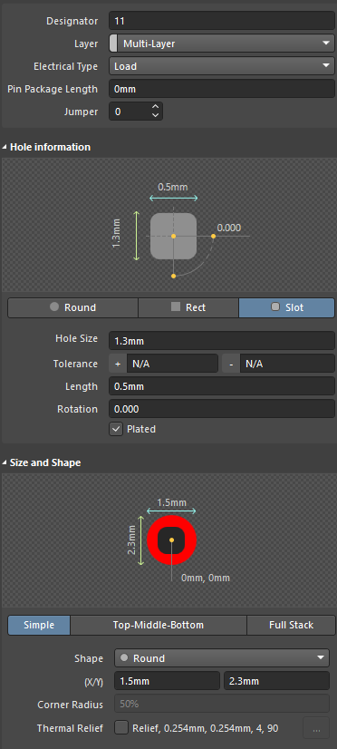 Defined properties of the slot hole