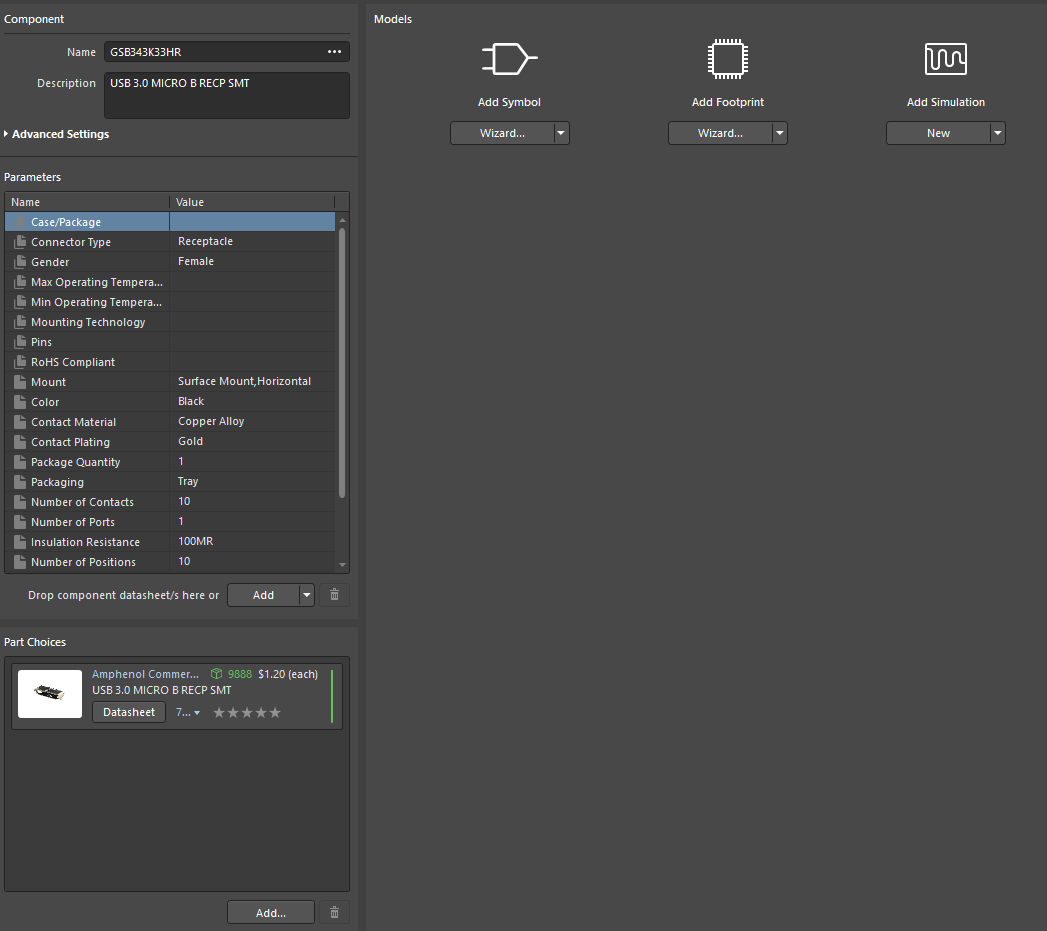 Component name, description, parameters, and part choices are filled in automatically by using the Manufacturer Part Search panel