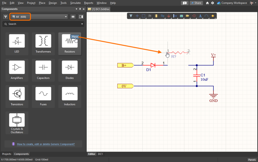 Fig. 4 - Placing a generic component from the Components panel