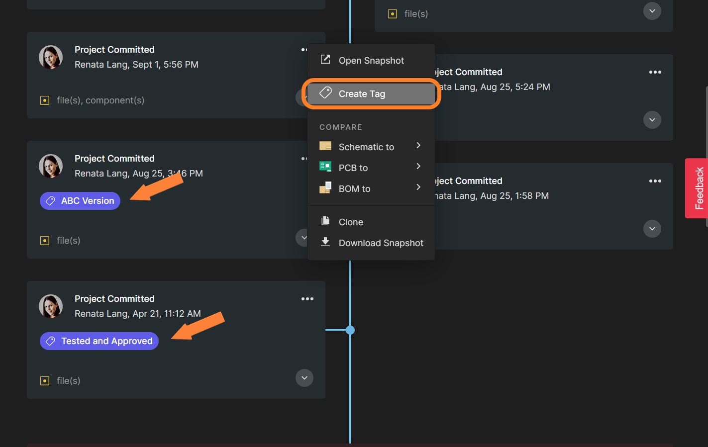 Fig. 5 - Create a tag by clicking the “...” menu on any commit