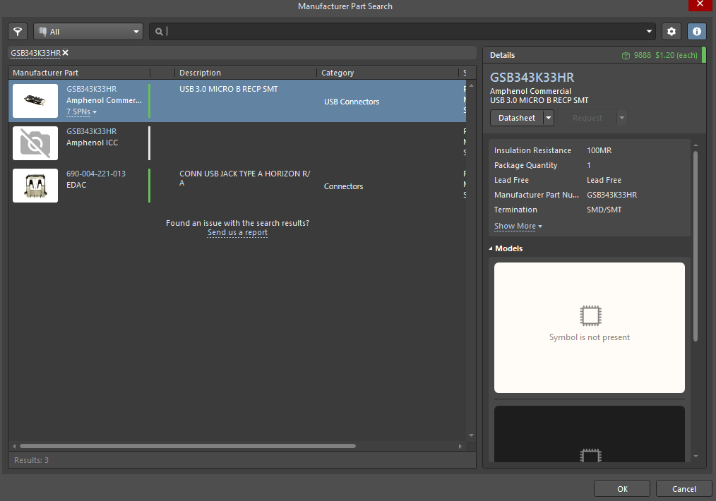 Component GSB343K33HR is found in the Manufacturer Part Search panel