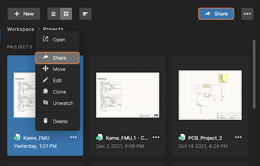 Fig. 15 - Share command in the menu and Share button in the upper-right corner of the Altium 365 window