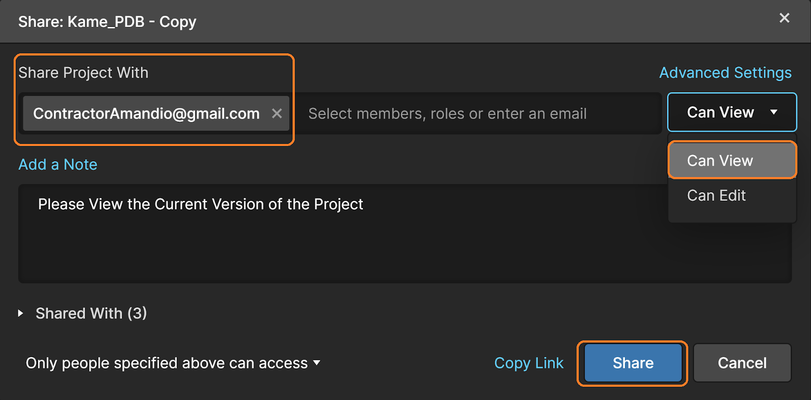 Fig. 6 – "Share Project With" dialog